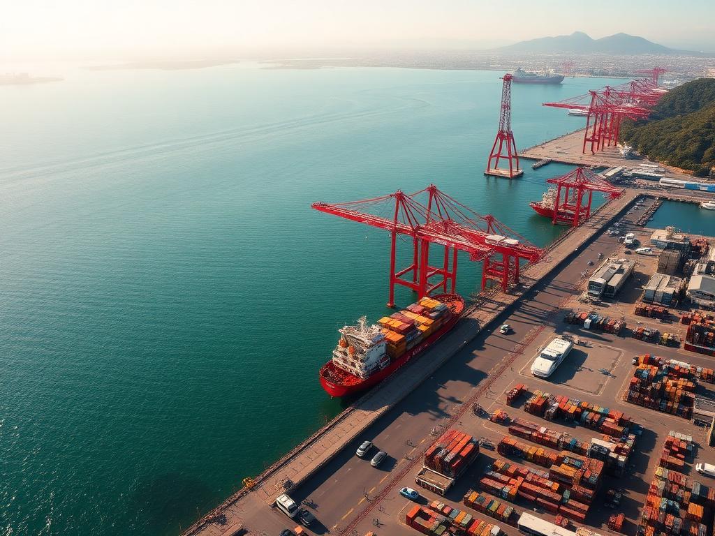 Aerial view of Cape Town harbour with container cranes